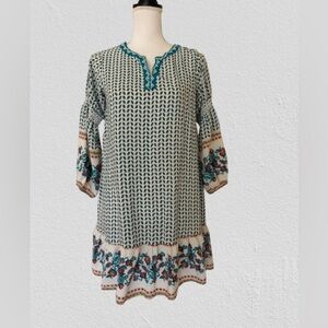 Umgee Embroidered Border Peasant Dress Tunic Boho Tassel Peasant Floral, Sz S